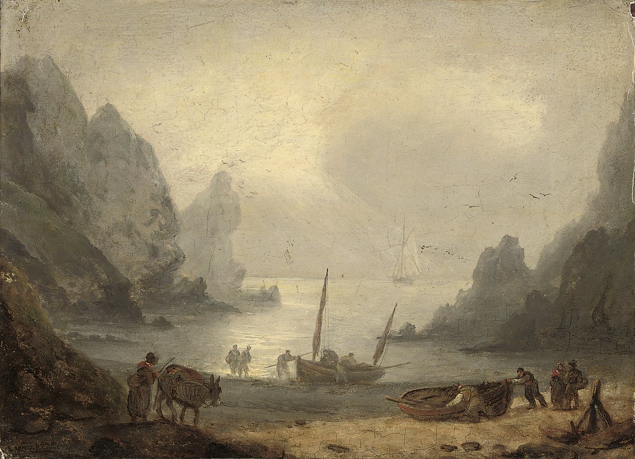 Egy devonshire-i öböl, halászokkal, akik kirakodják a zsákmányt az előpartra, 1804 körül alkotó: Thomas Luny