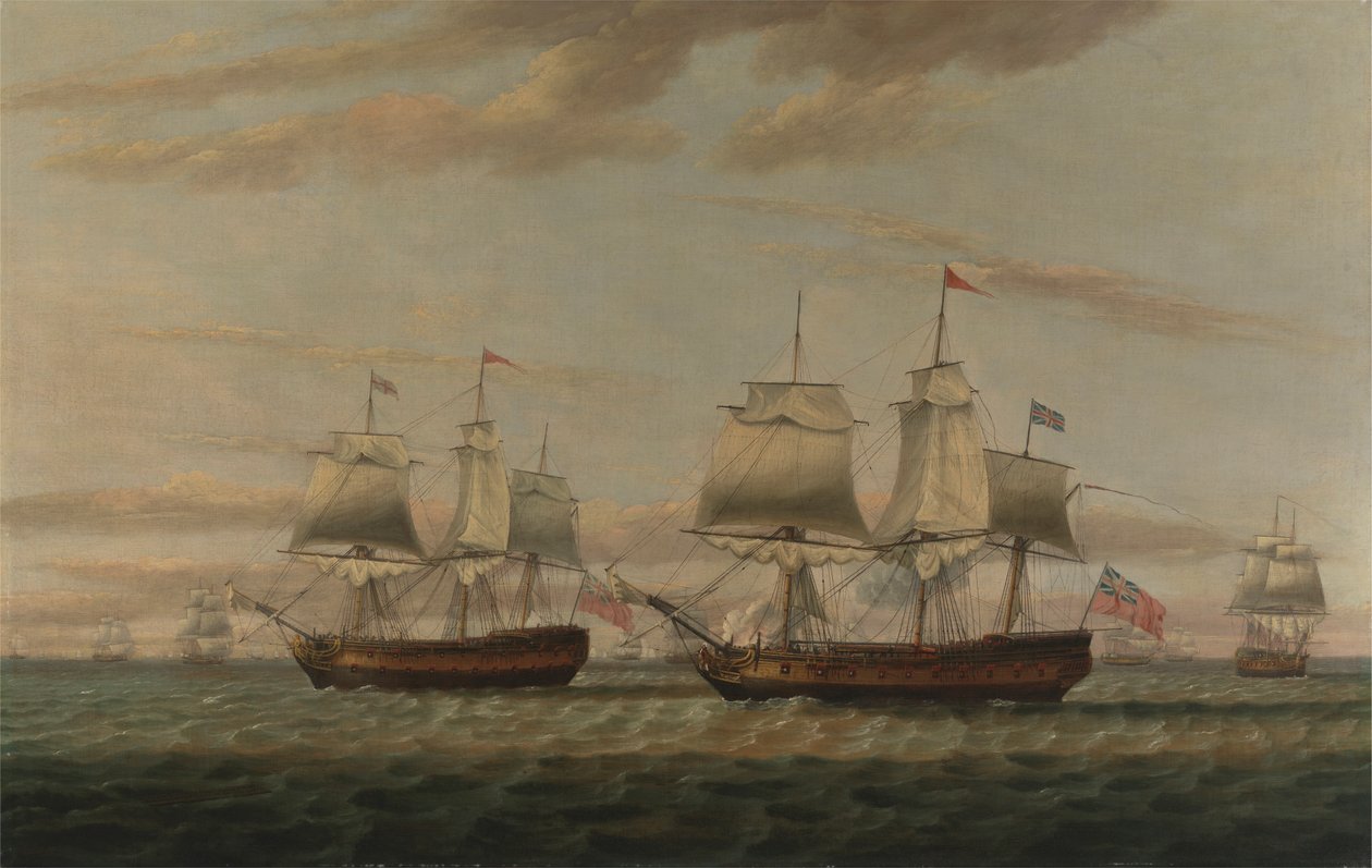 Egy indián és egy kétszintes Hove to, Thomas Dumarnak mondják, Esq. a H.M. A „Portland” hajó a Leeward Island-i konvojt szállította 1776-ban alkotó: Thomas Luny
