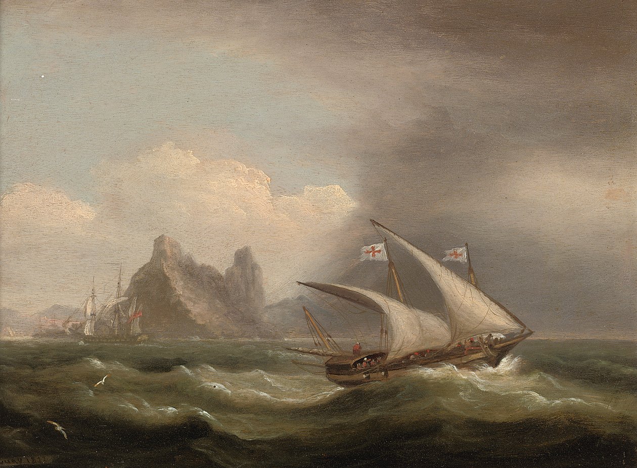 Egy felfegyverzett Xebec a Földközi-tengeren, egy brit fregatt a tatjáról és egy sziklás partszakaszon fut el, 1822 alkotó: Thomas Luny