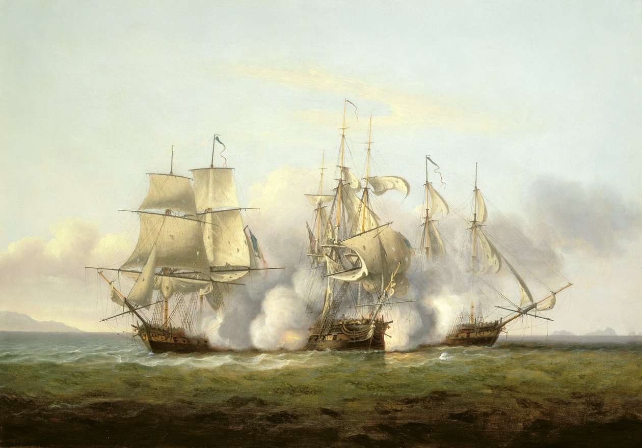 A HMS Gore akcióban a francia „Palinure” és „Pilade” brigákkal (lásd még: 197354) alkotó: Thomas Luny
