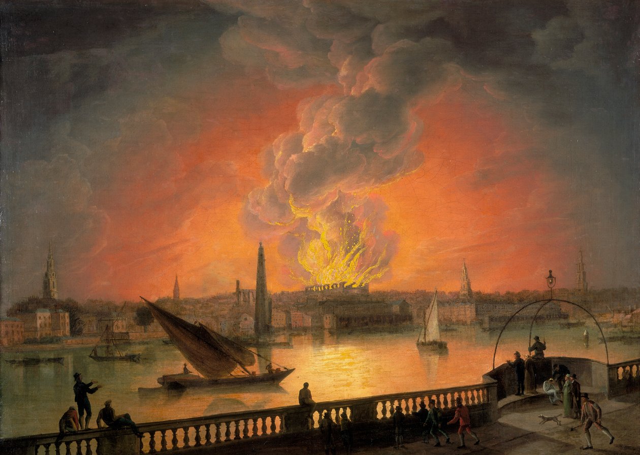 „A Drury Lane Színház égése a Westminster Bridge-ről”, 1809 alkotó: Thomas Luny
