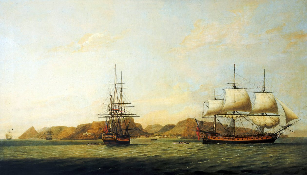 A Kelet-indiai Társaság 1780-ban épített "Northumberland" hajója Szent Ilona szigeténél, Anglia és Bengália (India) között közlekedik. alkotó: Thomas Luny
