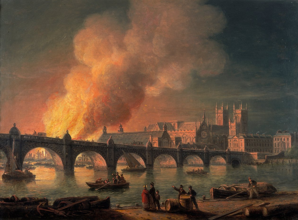 "Westminster híd és a Parlament épületeinek felgyújtása Lambethből", 1835 alkotó: Thomas Luny