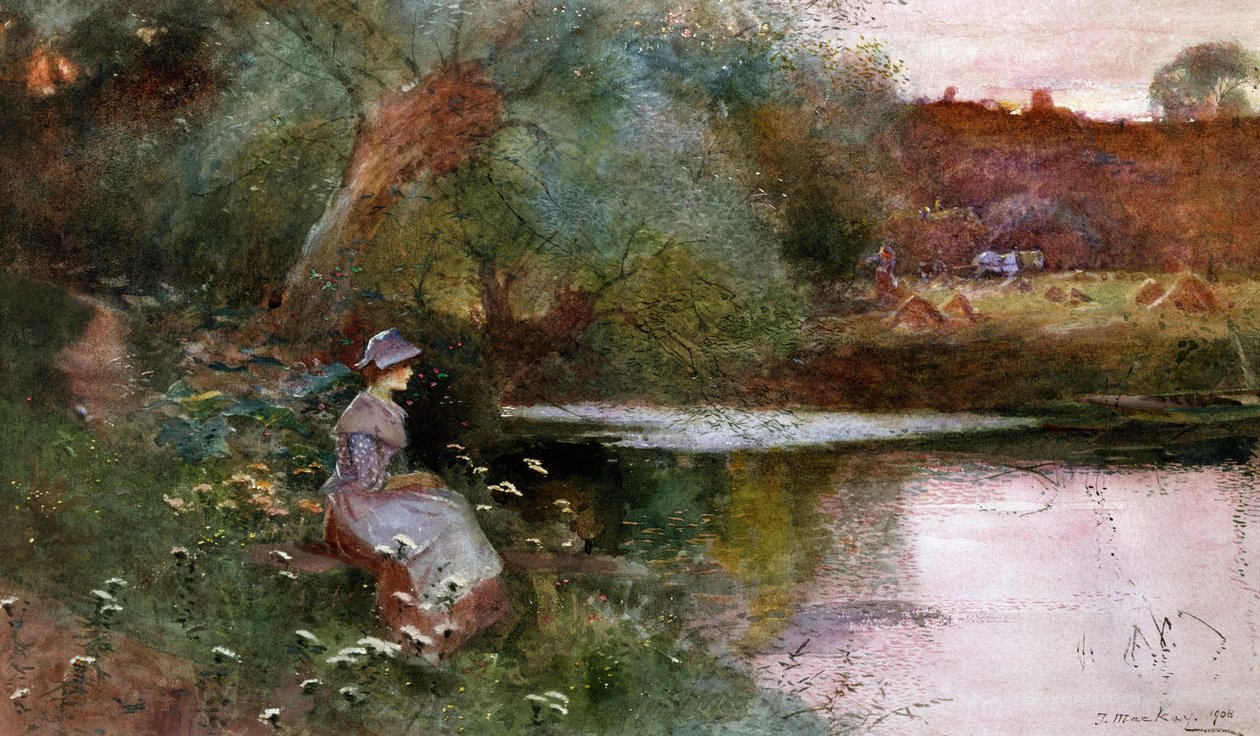Hampton Lucyban, Warwickshire-ben. Egy fiatal lány ül egy tó mellett a vidéken. Thomas Mackay (1851-1920) festménye Magántulajdon. alkotó: Thomas Mackay