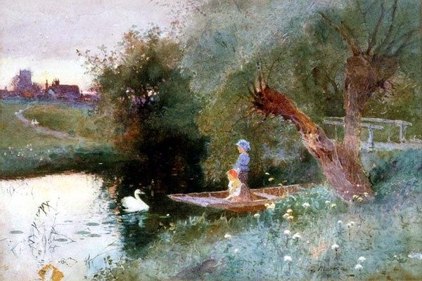 Gyerekek egy kishajóban este (akvarell) alkotó: Thomas Mackay