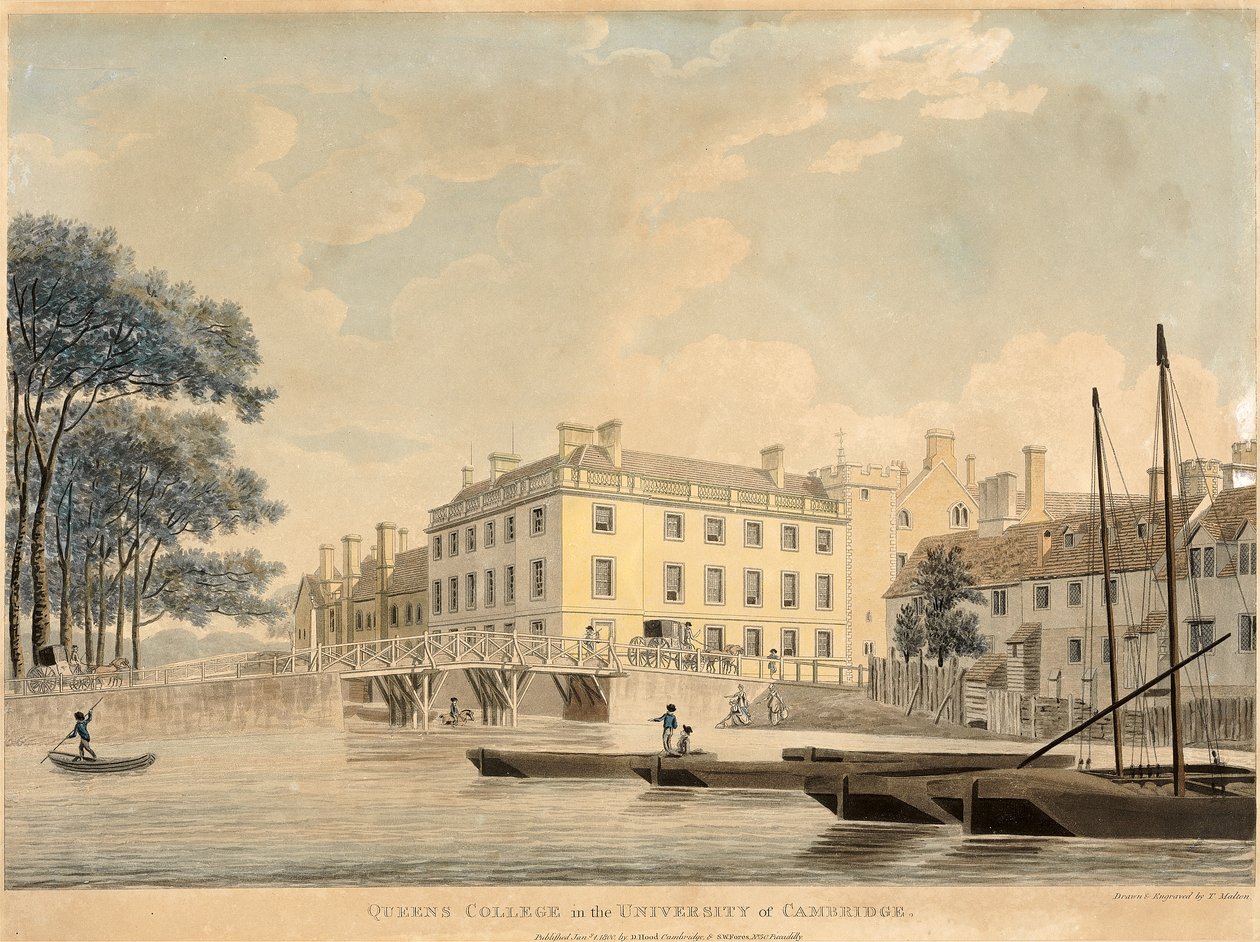 Queens College a Cambridge-i Egyetemen, pub 1800 (kézzel festett akvatinta) alkotó: Thomas Malton