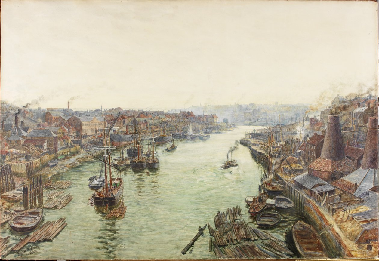 Sunderland, Holmes Wharf (akvarell (fehérrel magasított) és papíron kikarcolva) alkotó: Thomas Marie Madawaska Hemy