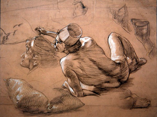 Fekvő férfi akt, 1880 körül (ceruza, fekete kréta és fehér testszín papíron) alkotó: Thomas Matthews Rooke