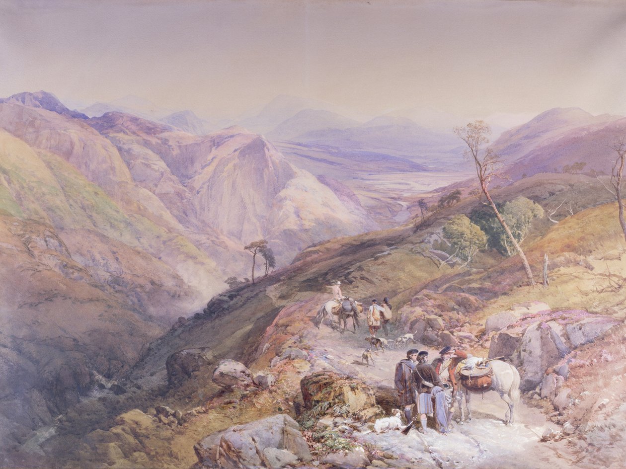 Glenshee az ördög könyökéből, Aberdeenshire, a Spital felé néz, 1853 (akvarell papíron) alkotó: Thomas Miles II Richardson
