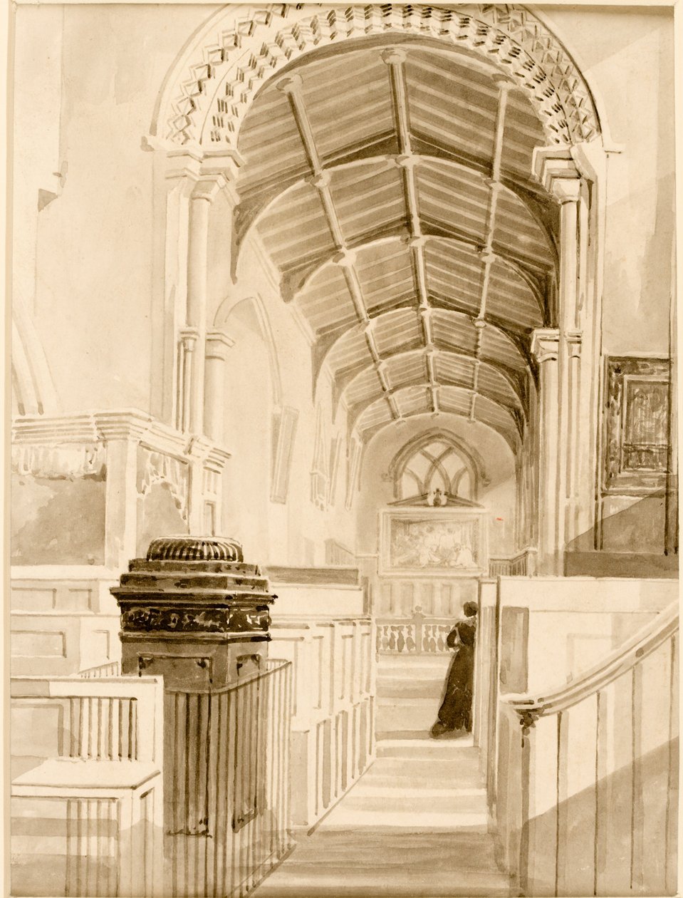 Szent András-templom (belső) (tinta (fekete) papíron (kártyán)) alkotó: Thomas Miles Richardson