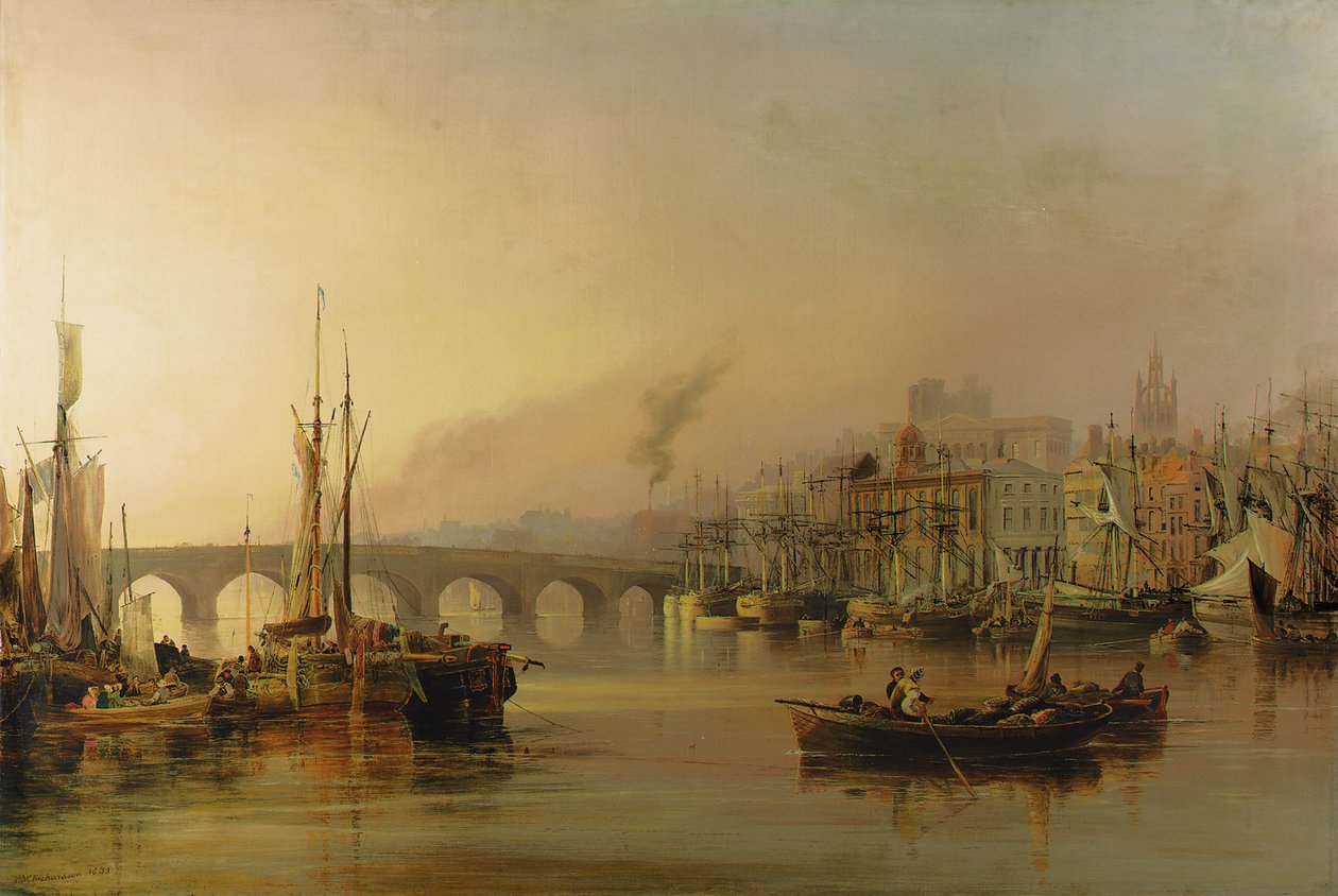 Newcastle kilátása a Tyne folyó felől, hajózás az előtérben, 1831 alkotó: Thomas Miles Richardson