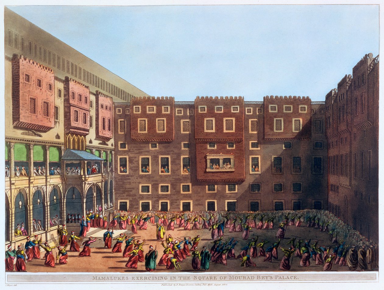 "Mamelukes gyakorlatok a Mourad Bey palotája terén", Kairó, Egyiptom, 1802 alkotó: Thomas Milton