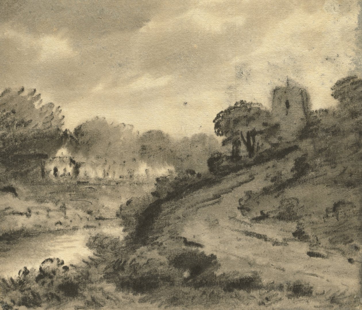 Erdős folyami táj sziklával a bal előtérben, 1800 körül alkotó: Thomas Monro
