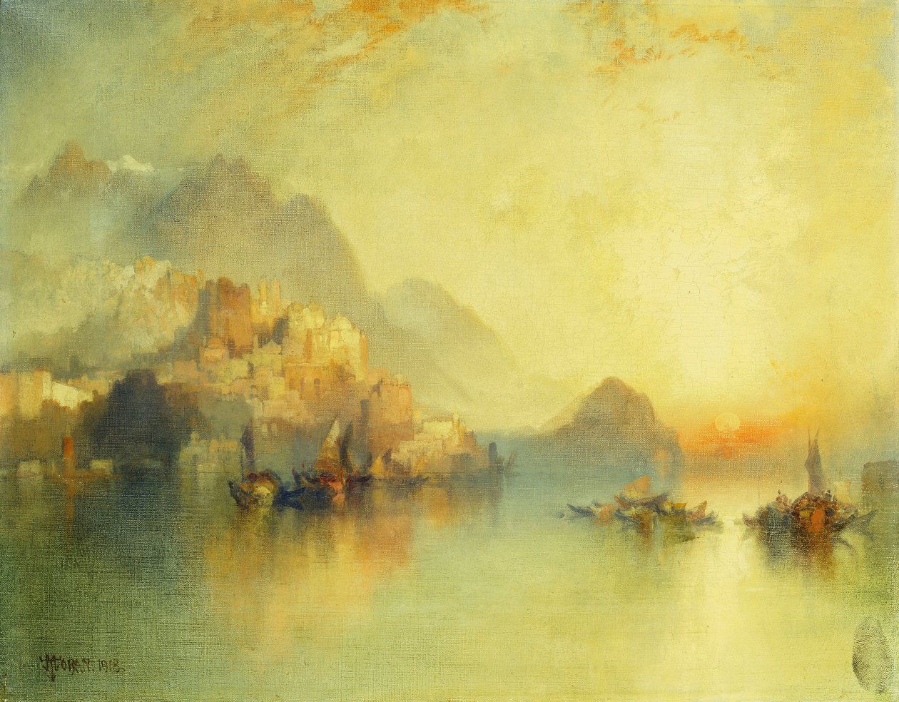 Egy domboldali falu naplementekor, 1918 alkotó: Thomas Moran