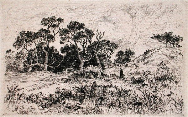Déli szél és felhős ég Vadászreggelnek hirdetik (rézkarc) alkotó: Thomas Moran