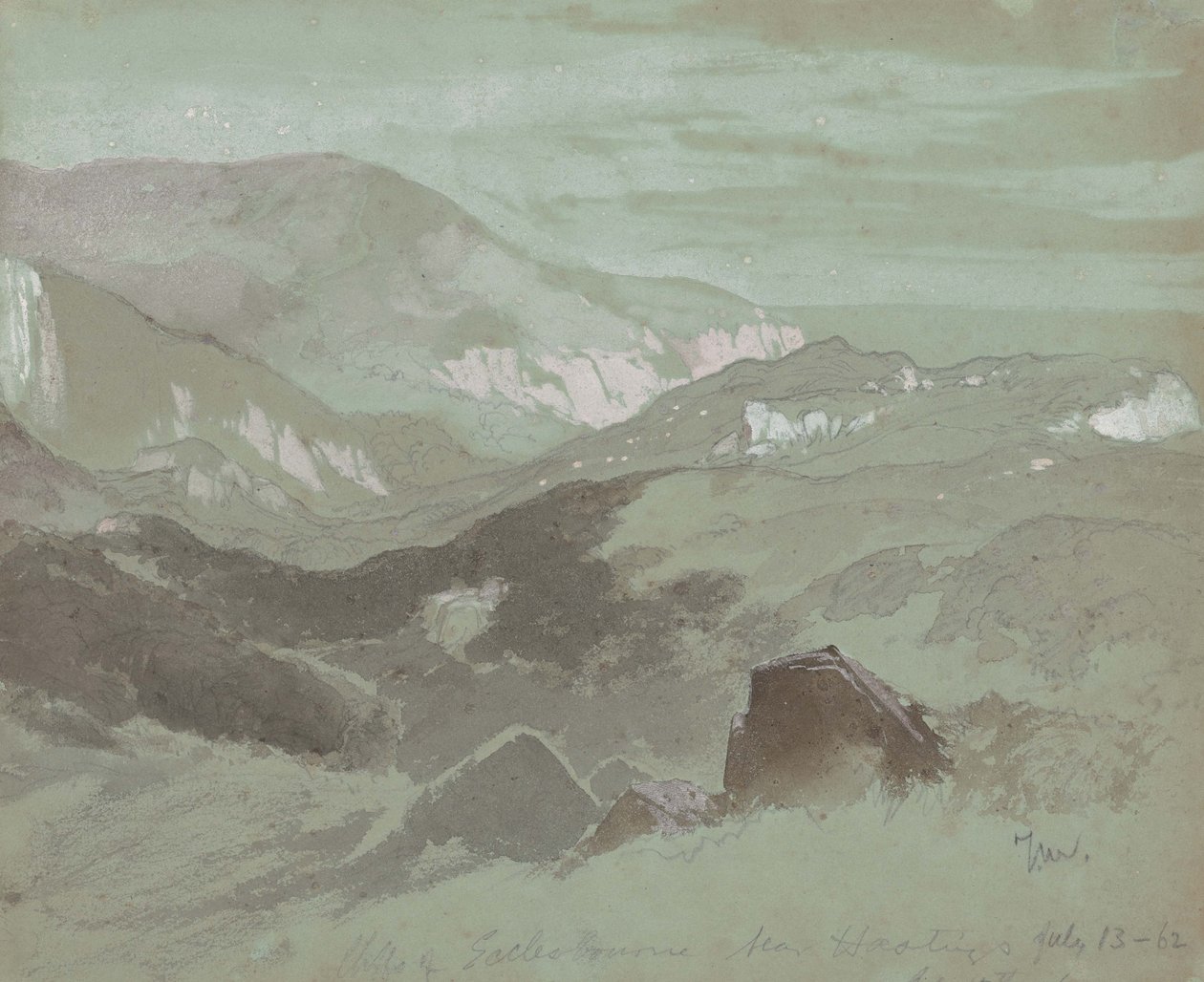 Ecclesbourne sziklái Hastings közelében, 1862 (grafit, szürke szőtt papíron) alkotó: Thomas Moran