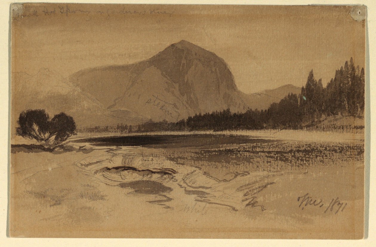 Rajz, Forró forrás a Kertész-folyón, 1871 alkotó: Thomas Moran