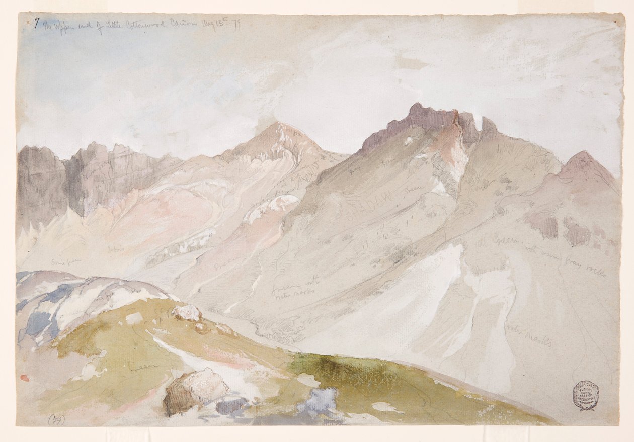 Rajz, A Little Cottonwood Canyon felső vége, Wasatch Range, Ogden közelében, Utah, 1879. augusztus 13. alkotó: Thomas Moran