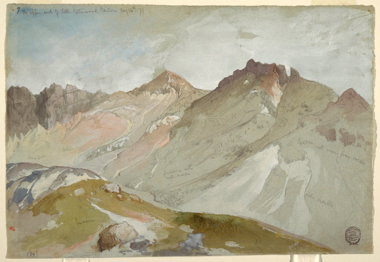 Rajz, A Little Cottonwood Canyon felső vége, Wasatch Range, Ogden közelében, Utah, 1879. augusztus 13. alkotó: Thomas Moran