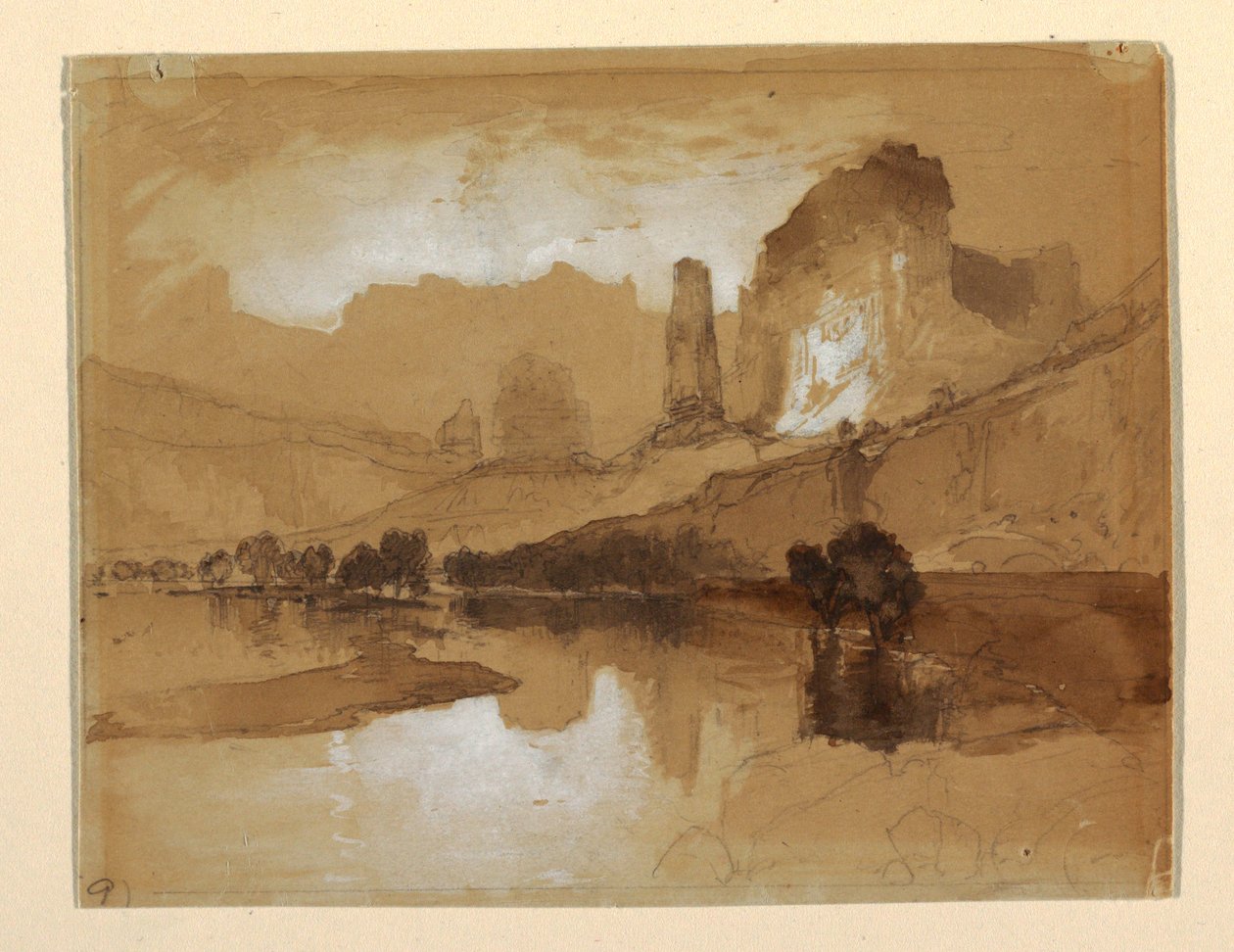 Rajz, Yellowstone a vízesés alatt, valószínűleg 1871 alkotó: Thomas Moran