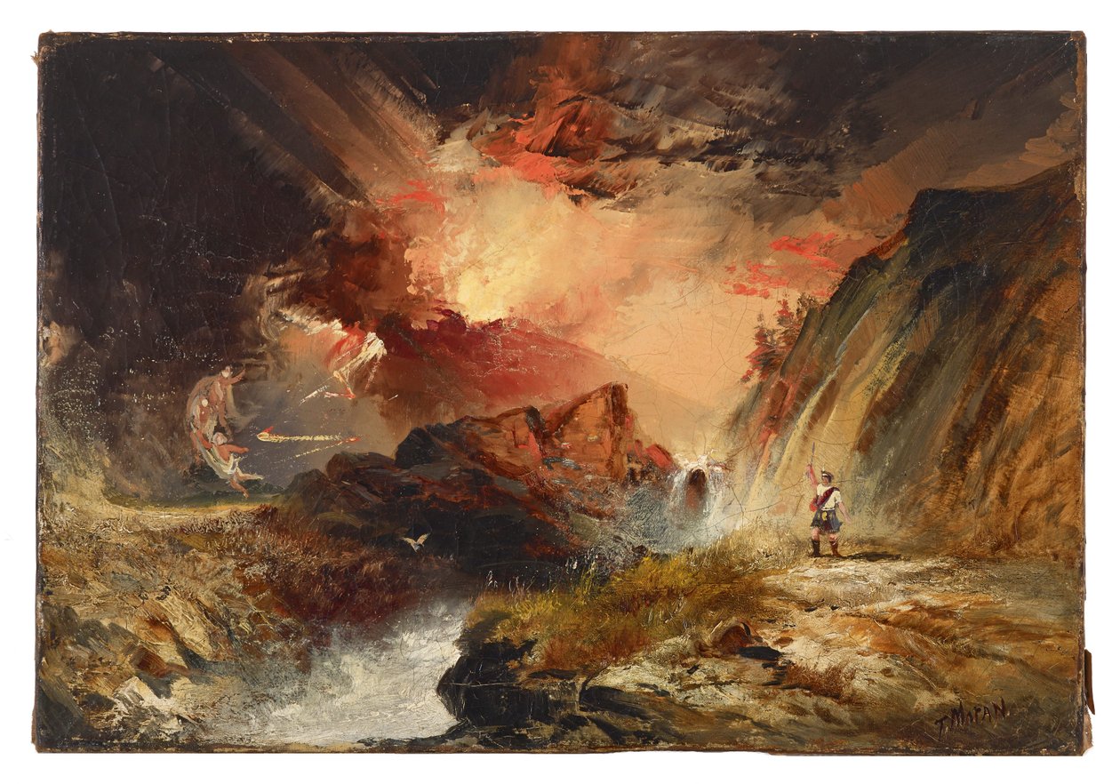 Macbeth és a boszorkányok (valószínűleg Felföldi fantázia) alkotó: Thomas Moran