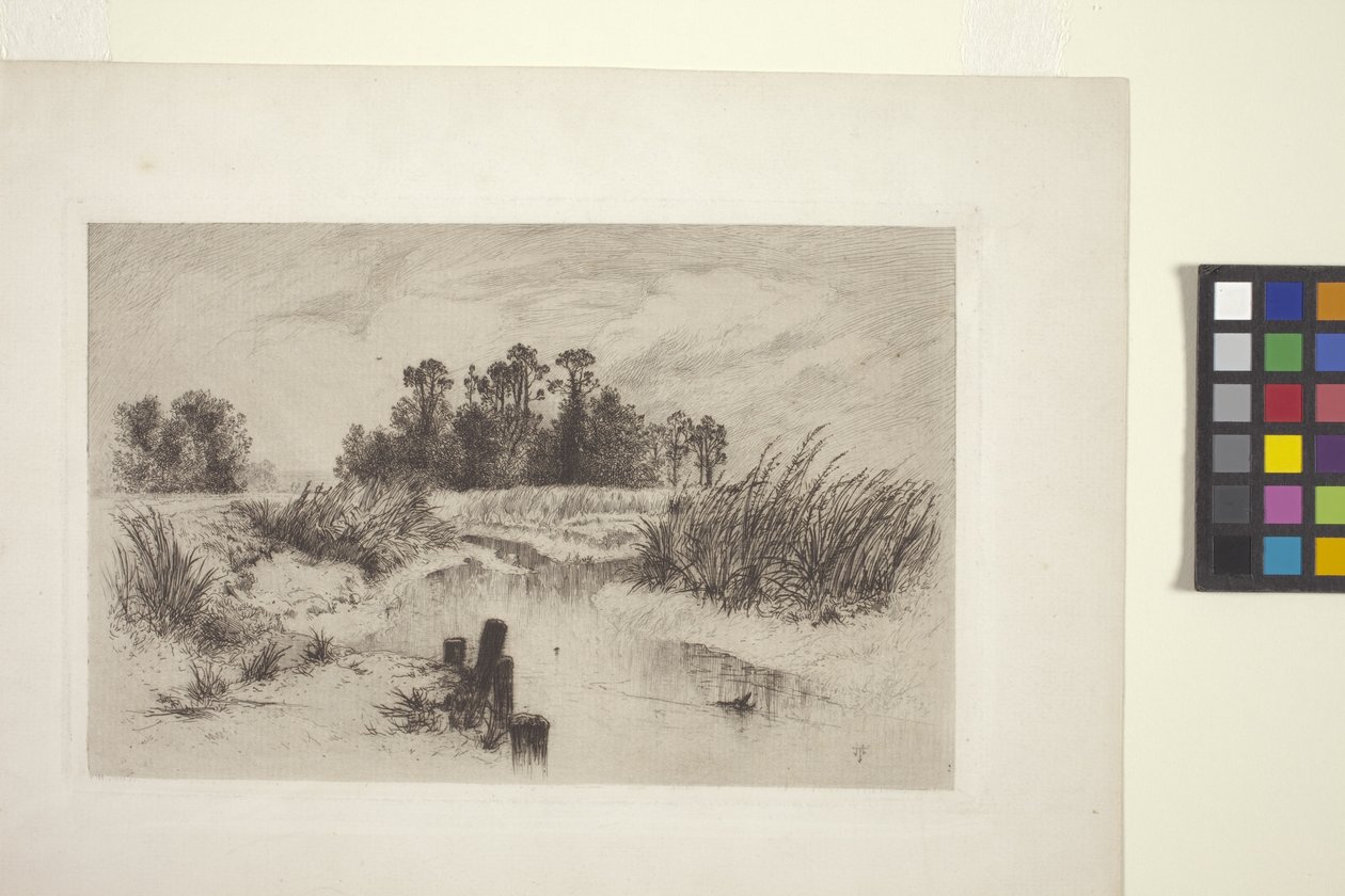 Mocsaras táj patakkal (rézkarc papírra) alkotó: Thomas Moran