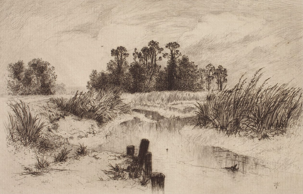 Mocsaras táj patakkal alkotó: Thomas Moran