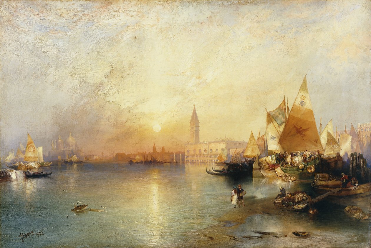 Naplemente, Velence; Santa Maria és a hercegi palota, 1902 alkotó: Thomas Moran
