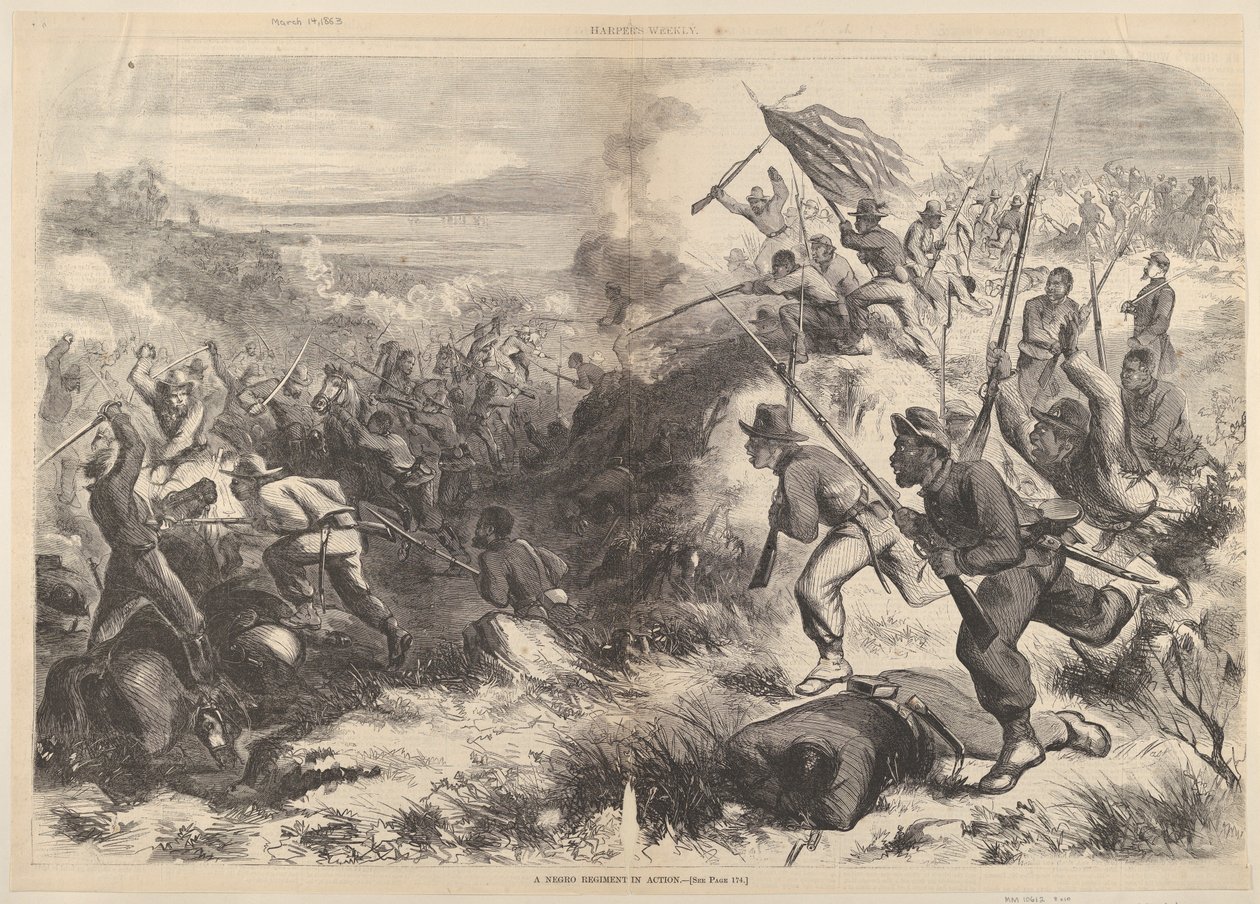 Egy fekete ezred akcióban a Harpers Weeklyből, 1863. március 14. alkotó: Thomas Nast