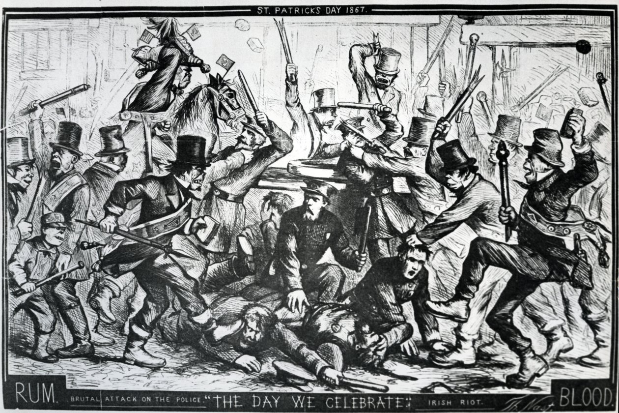 Rajzfilm, amely a New York-i zavargásokat ábrázolja Szent Patrik napján, 1867, megjelent a Harper