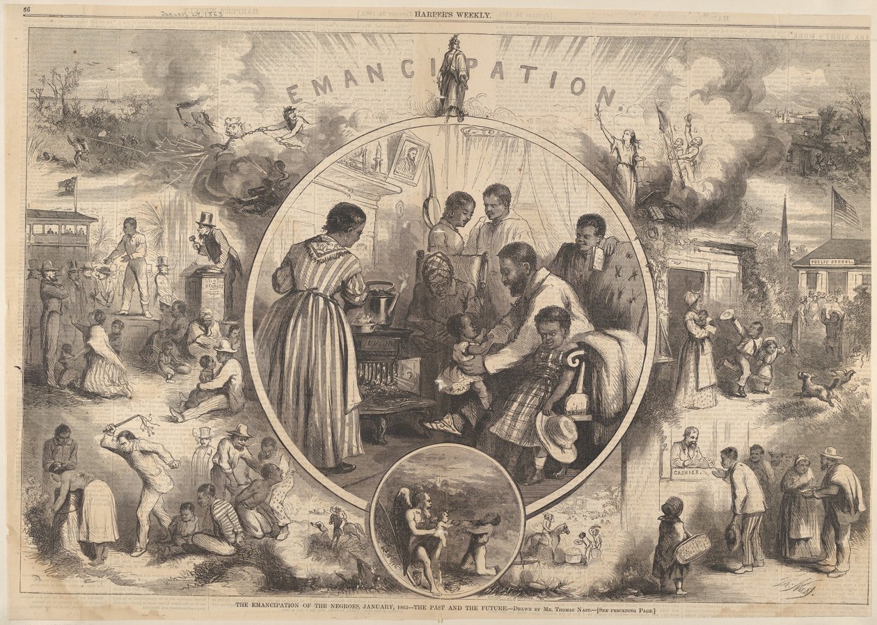 A fekete emancipációja – A múlt és a jövő a Harpers Weeklytől, 1863. január 24. alkotó: Thomas Nast