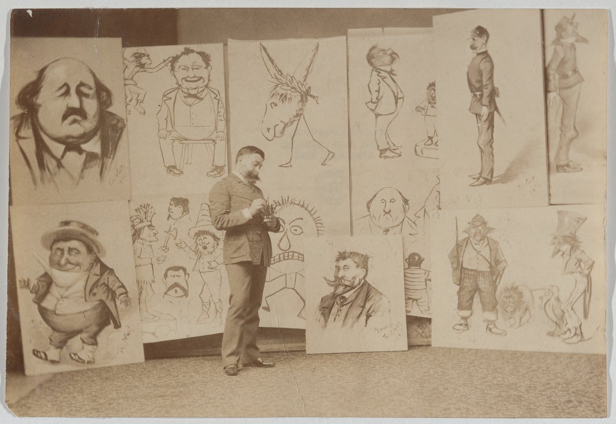 Thomas Nast egész alakos portréja karikatúrák csoportjával alkotó: Thomas Nast