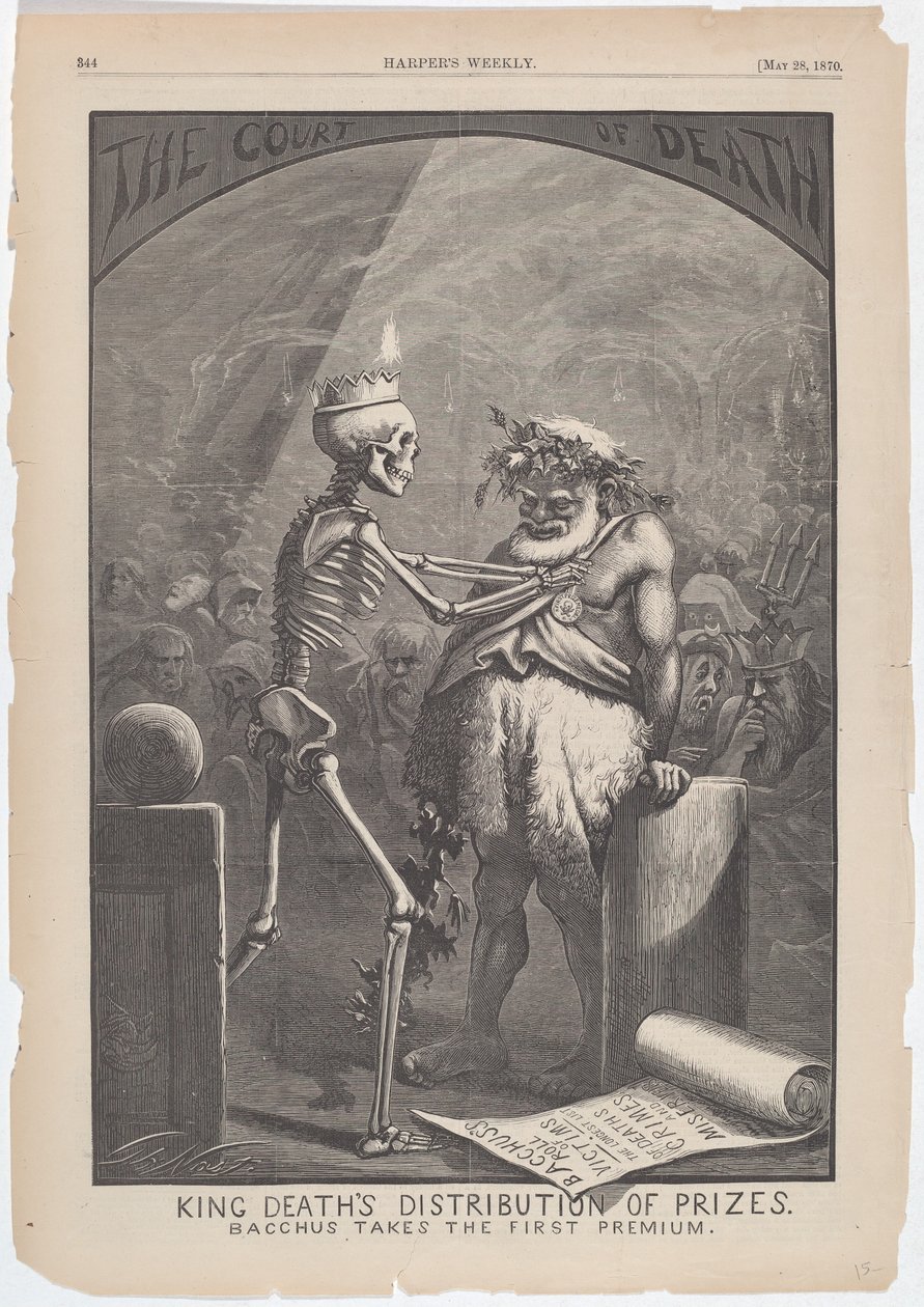 A Halálkirály díjkiosztása. Bacchus átveszi az első prémiumot. alkotó: Thomas Nast