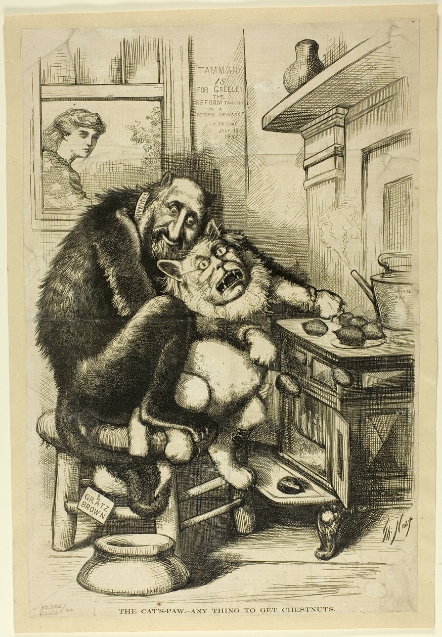 A macska mancs, bármit, hogy gesztenyét kapjunk alkotó: Thomas Nast