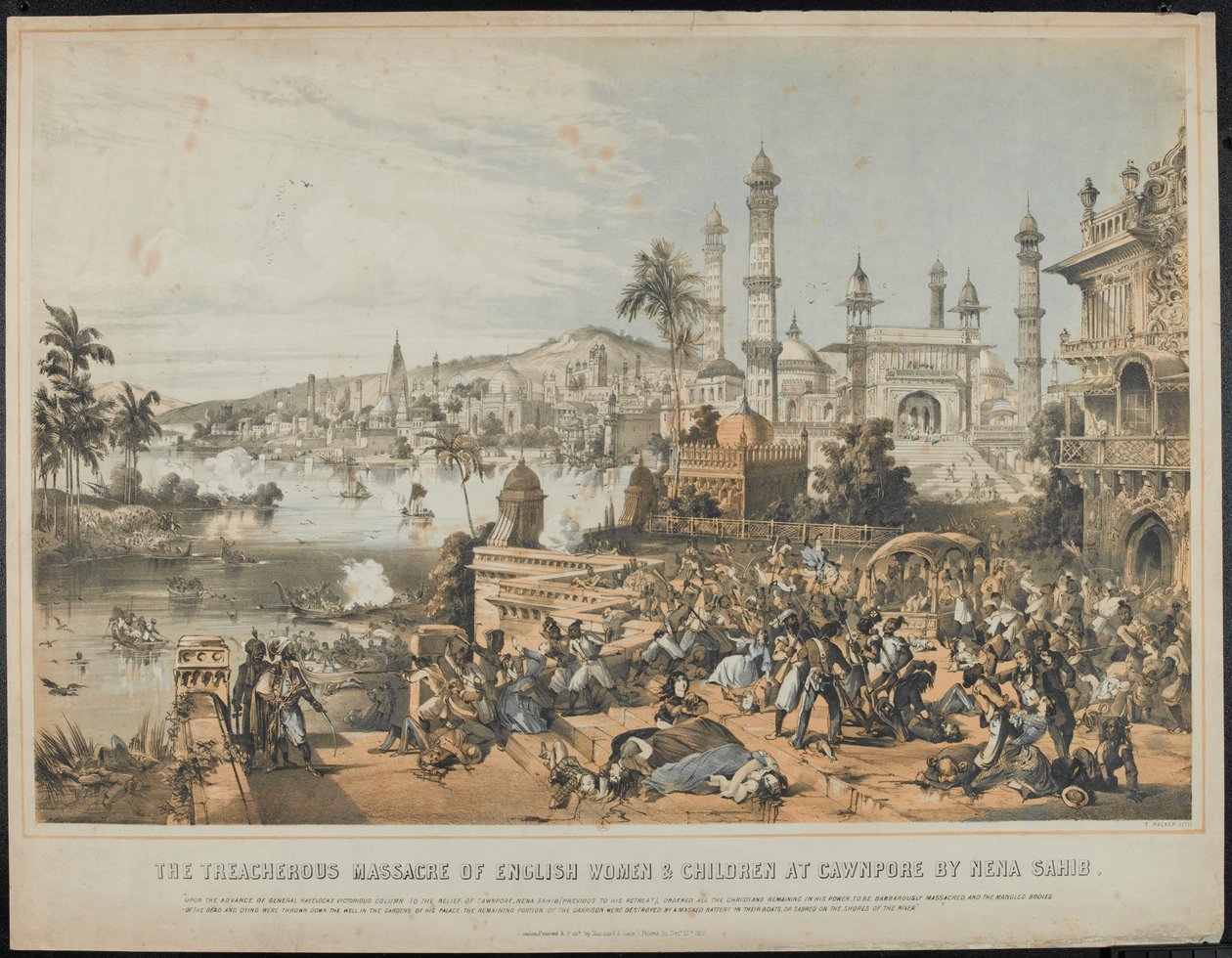 Az angol nők és gyermekek Cawnpore-ban történő áruló lemészárlása Nena Sahib által az 1857-es indiai lázadás idején, nyomtatva 1857. október 12-én (színezett litográfia). alkotó: Thomas Packer