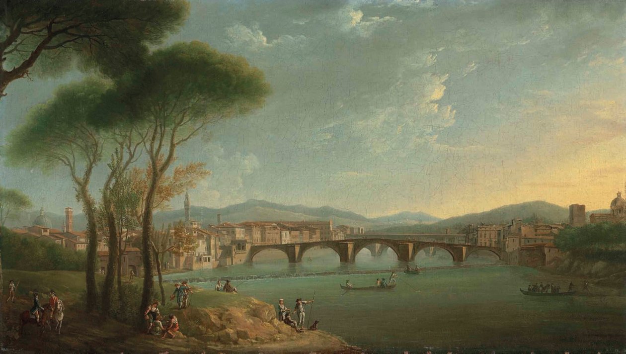 Kilátás a firenzei Arnóra a Cascine-kertből, az előtérben halászó és a sziklákon pihenő alakokkal, a Ponte alla Carità-val és a Ponte Vecchio-val túl alkotó: Thomas Patch