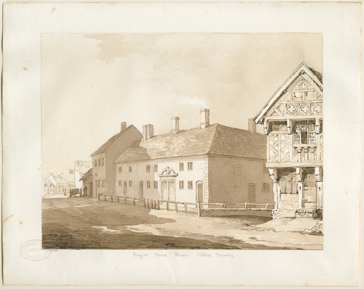 Abbots Bromley Almshouses: szépia mosás rajz alkotó: Thomas Peploe Wood