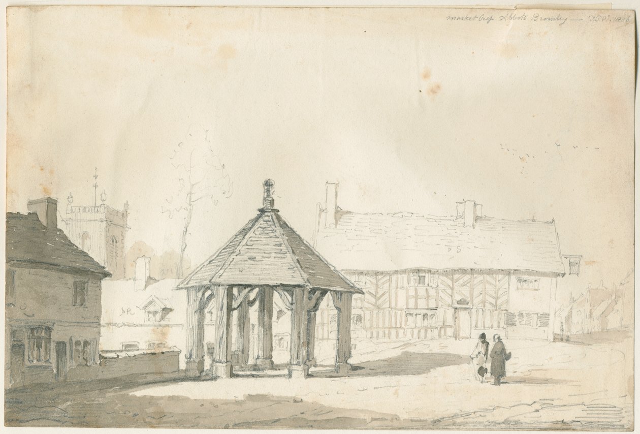 Abbots Bromley Tudor - Market Cross and House: ceruza és mosás rajz alkotó: Thomas Peploe Wood