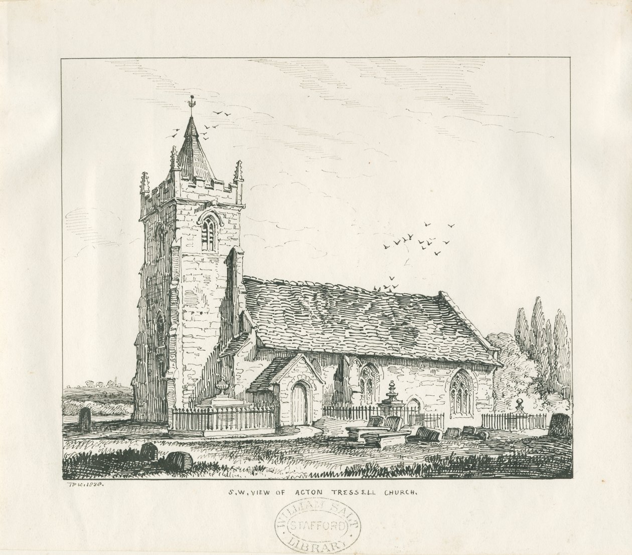Acton Trussell Church: toll- és tusrajz, 1838 alkotó: Thomas Peploe Wood