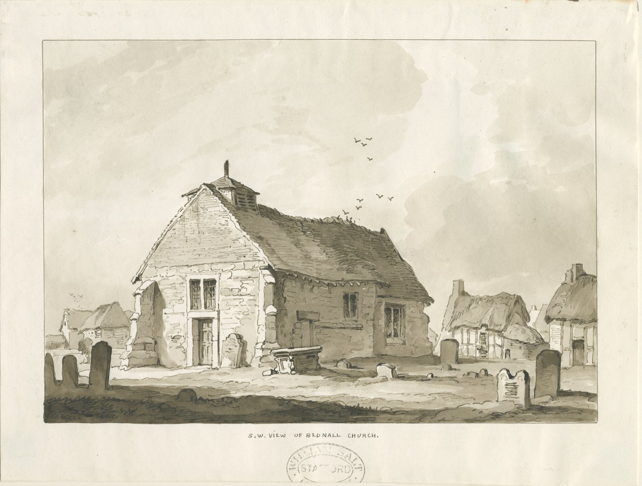 Bednall templom: szépia rajz, nd [?1838] alkotó: Thomas Peploe Wood