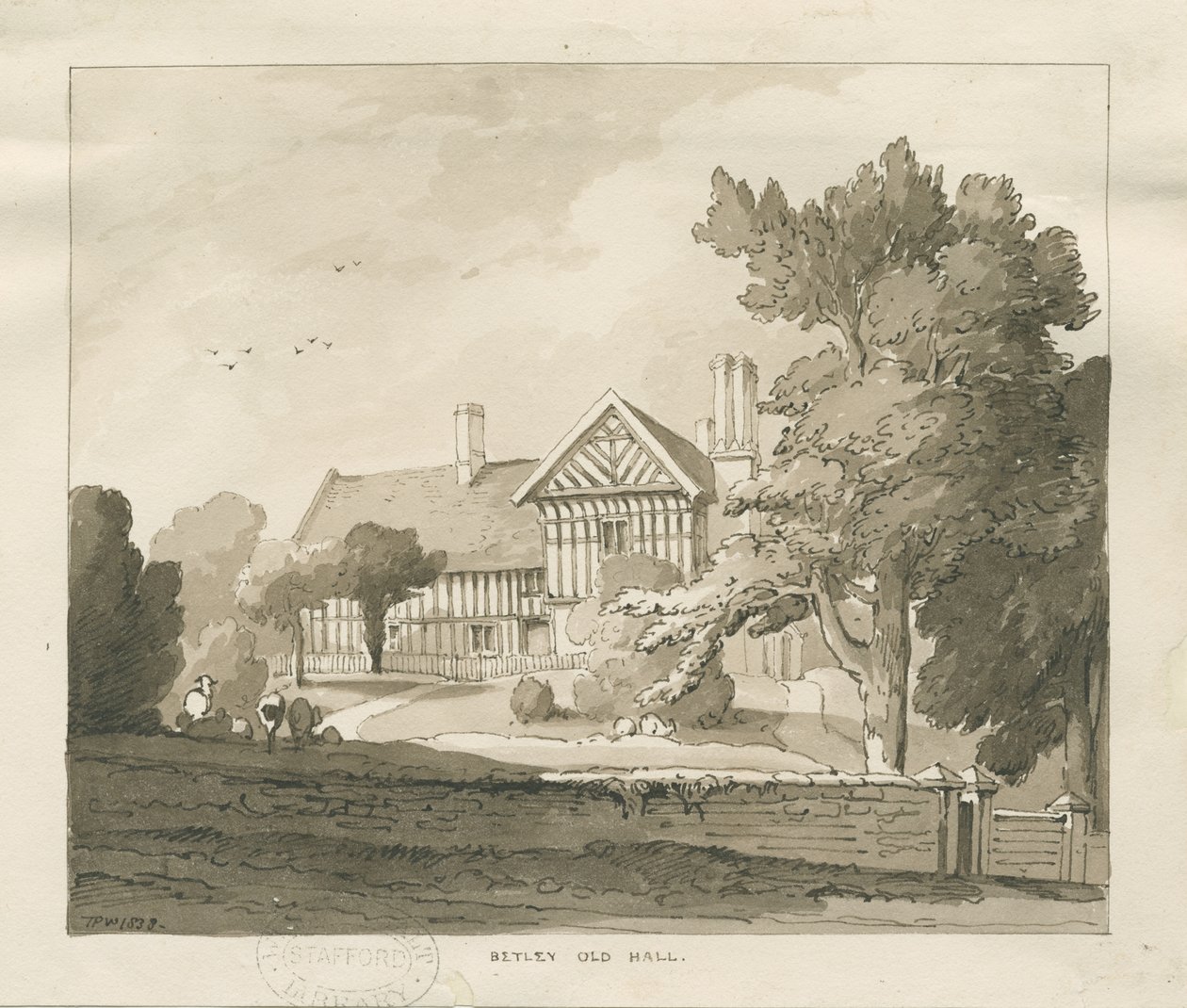 Betley Old Hall: szépia rajz, 1838 alkotó: Thomas Peploe Wood