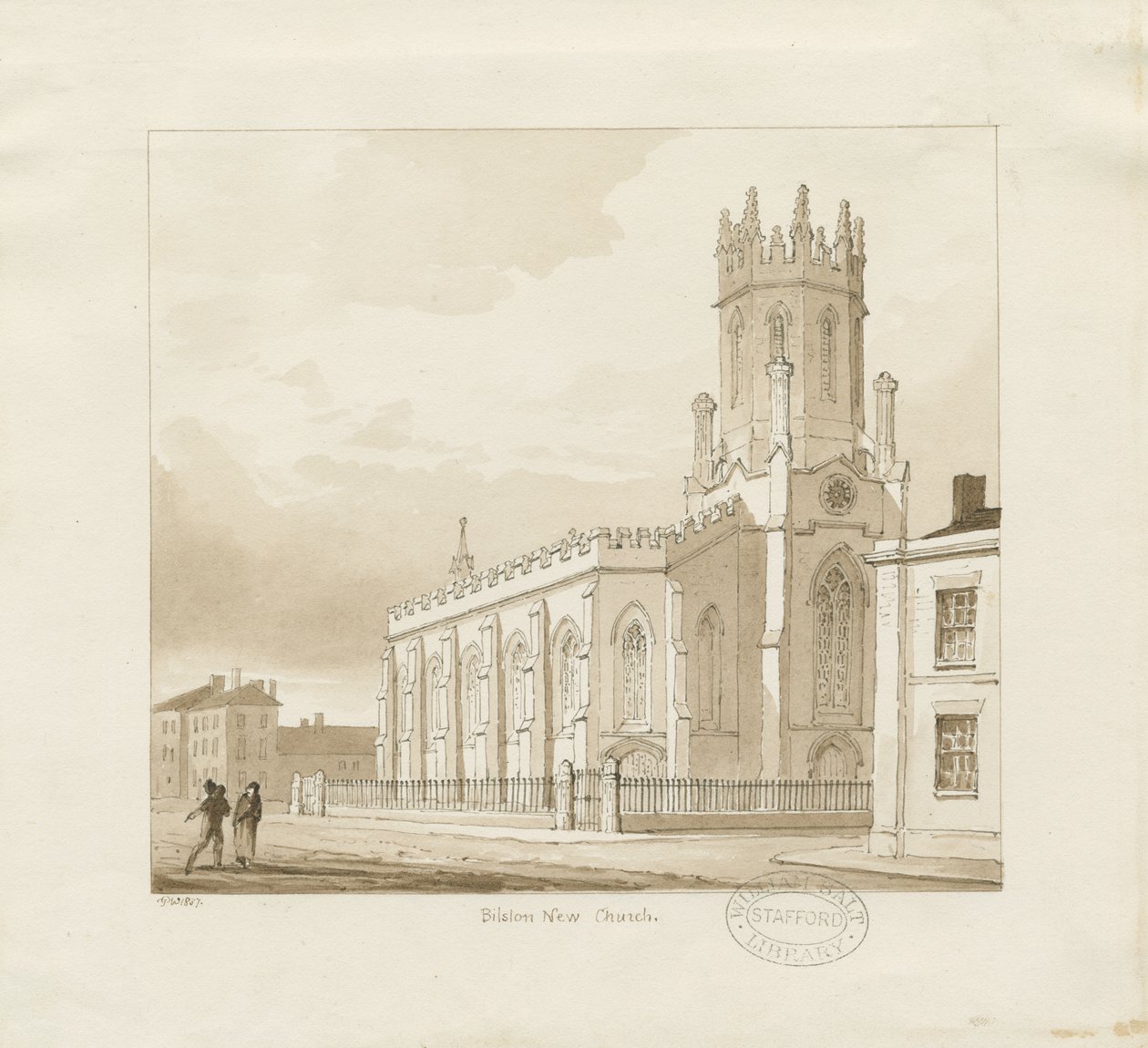 Bilston - Szent Mária-templom: szépia rajz, 1837 alkotó: Thomas Peploe Wood