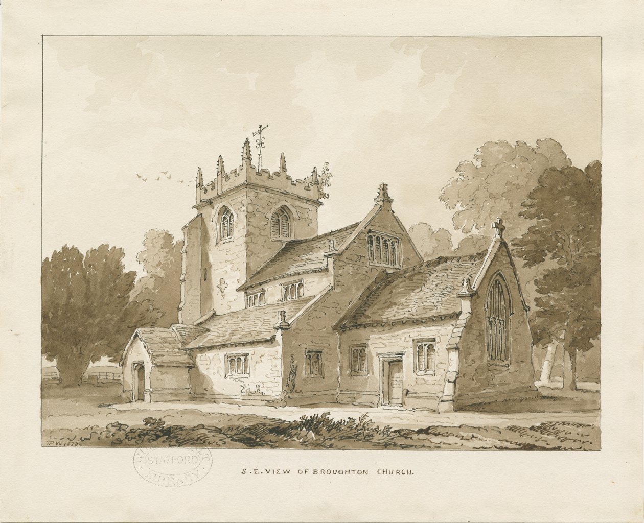 Broughton Church: szépia rajz, 1838 alkotó: Thomas Peploe Wood