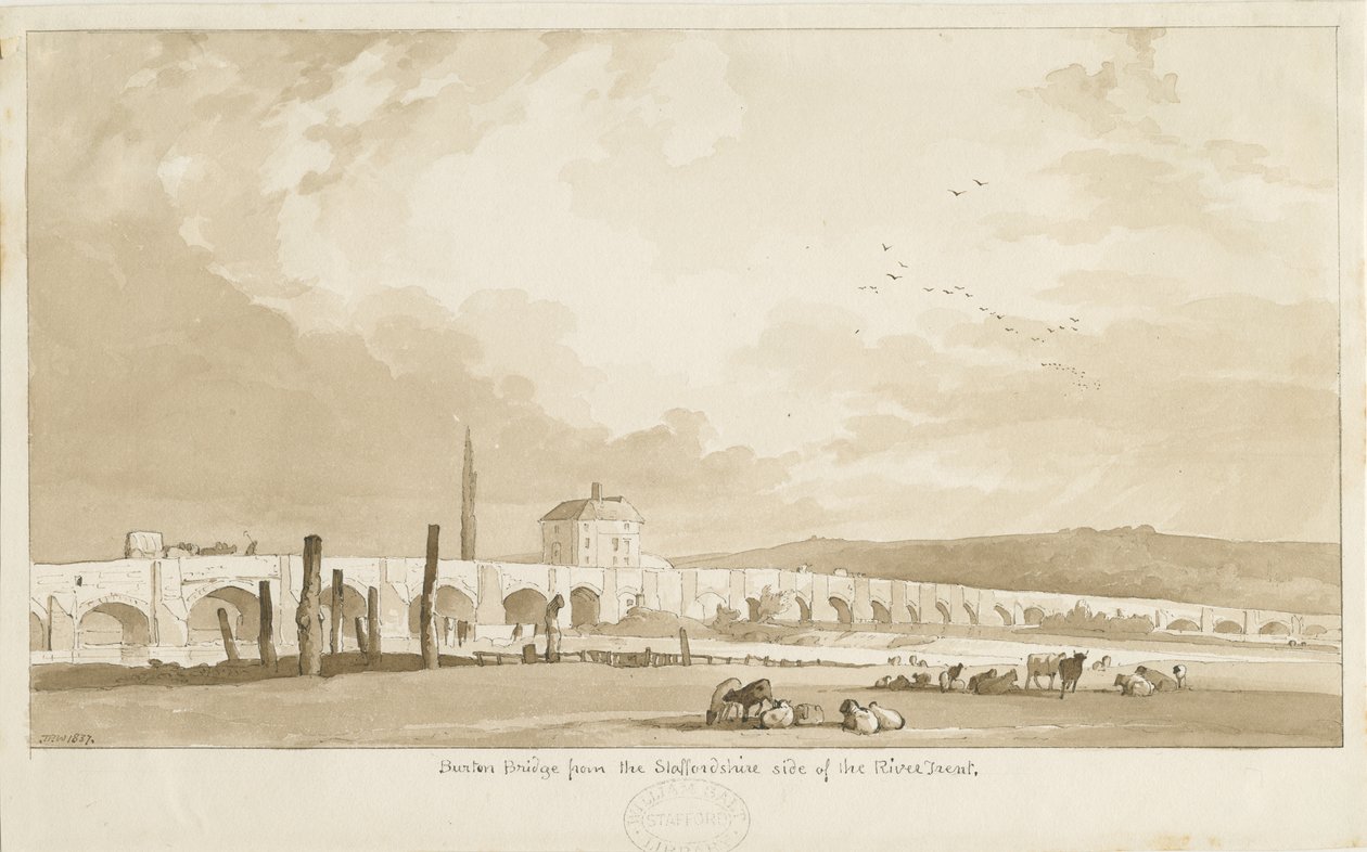 Burton-upon-Trent híd és város: szépia rajz, 1837 alkotó: Thomas Peploe Wood