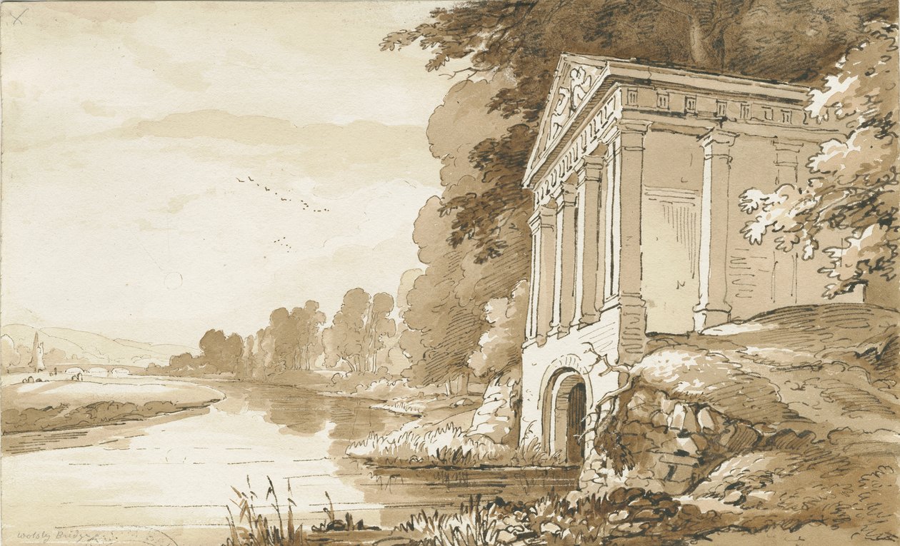 Colwich - Templom a Wolseley Bridge közelében: szépia mosás rajza, nd [1837-1838] (rajz) alkotó: Thomas Peploe Wood