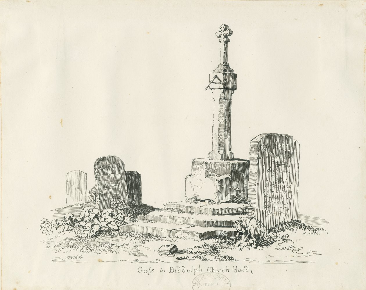 Kereszt a biddulphi templomkertben: tollal és tussal készült rajz alkotó: Thomas Peploe Wood