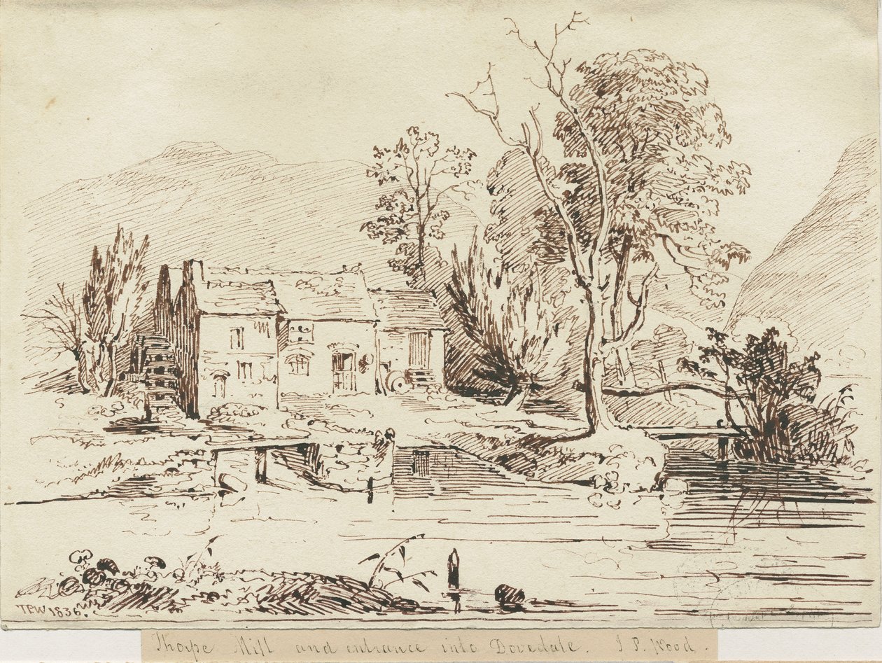 Dovedale - Thorpe Mill: toll és szépia rajz alkotó: Thomas Peploe Wood