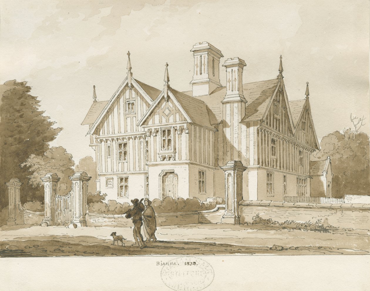 Eccleshall – Biana Hall: szépia rajz, 1838 alkotó: Thomas Peploe Wood