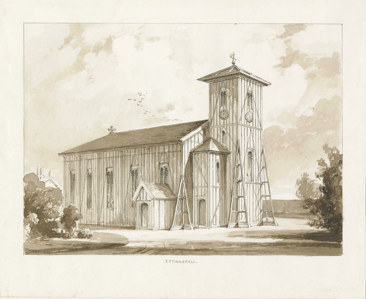 Ettingshall templom: szépia mosás rajza, 1841 alkotó: Thomas Peploe Wood