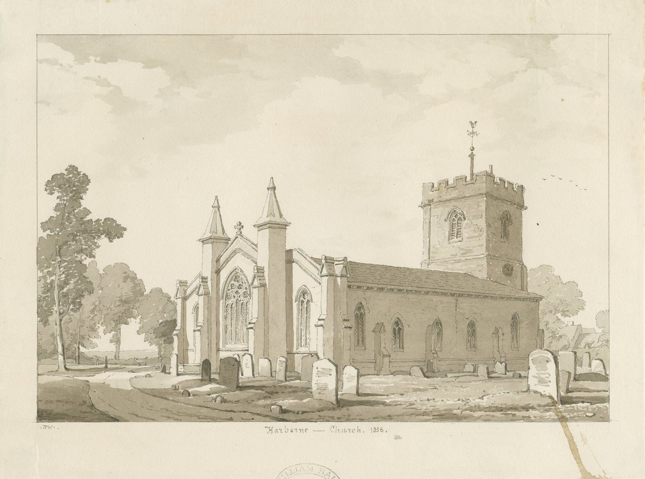 Harborne Church: szépia mosás rajz alkotó: Thomas Peploe Wood